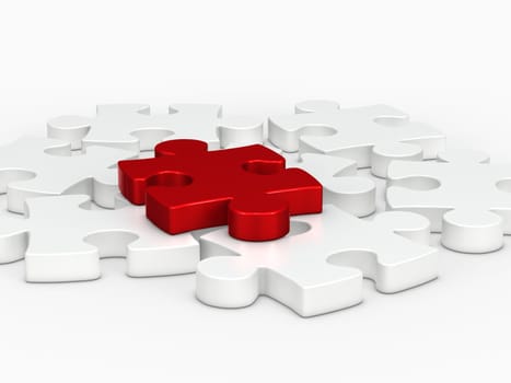 3d red puzzle piece on white puzzle