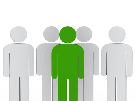 3d teamwork group with green leader front