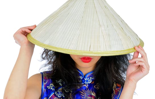Mysterious Beautiful Asian Woman Wearing A Traditional Asian Conical Straw Hat Hiding Her Face