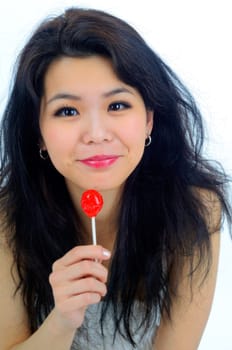 Pretty Chinese Girl With Long Hair Isolated On A White Background