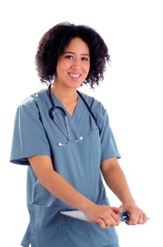 Beautiful Young Female Nurse Standing Holding A Clipboard Against A White Background, Concept For Medical And Health Care.
