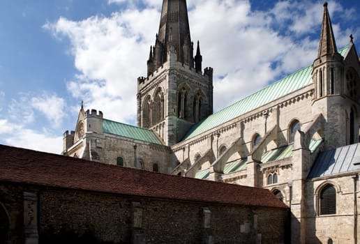 Chichester cathedral, christian church in Sussex England. historic religious architecture with tower and spire