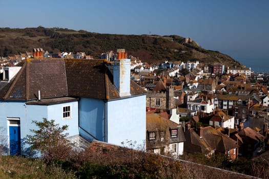 Hastings fishing village, view of the old town. seaside holiday resort in east sussex in United Kingdom. cityscape with english houses