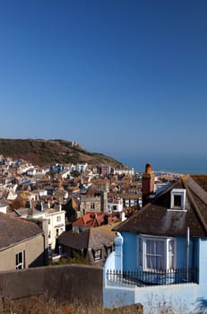 Hastings fishing village, view of the old town. seaside holiday resort in east sussex in United Kingdom. cityscape with english houses