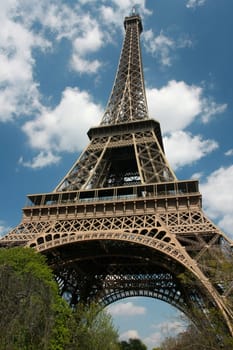 Wide-angle view of the Eiffel Tower
