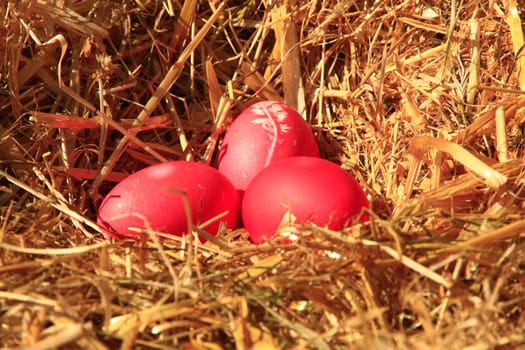 three red-colored Easter eggs in a nest of straw