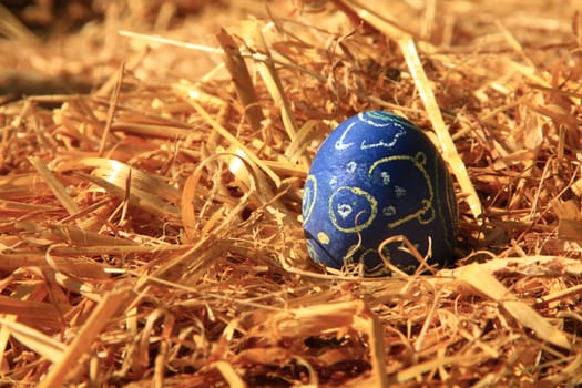 blue,painted easter egg in a straw nest