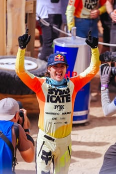 MAYDENA, AUSTRALIA - FEBRUARY 08: Jackson GOLDSTONE of Canada celebrates winning Red Bull Hardline Tasmania on February 8, 2025 in Maydena, Australia.