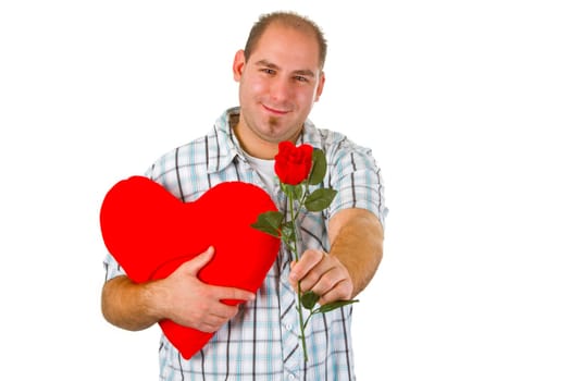 Young man with cloth heart and rose isolated on white background