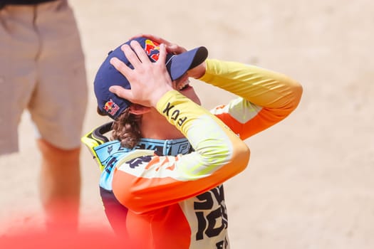 MAYDENA, AUSTRALIA - FEBRUARY 08: Jackson GOLDSTONE of Canada celebrates winning Red Bull Hardline Tasmania on February 8, 2025 in Maydena, Australia.