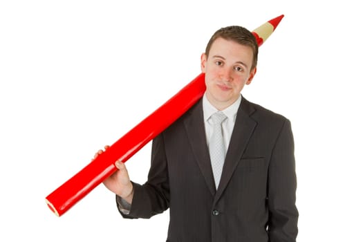 Businessman with big red pencil isolated on white background