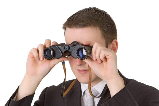Young businessman with binoculars isolated on white background