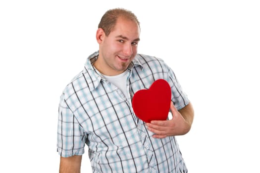 Young man with heart isolated on white background