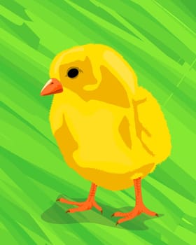 Cute little chicken on the green, abstract art.