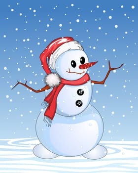 Happy snowman cartoon, Christmas and New Year celebration card.