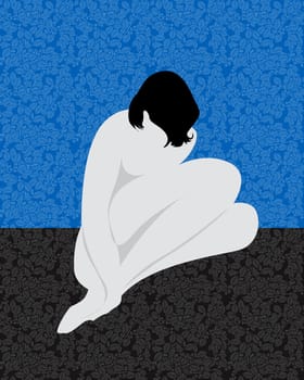 Graphic of a nude girl sitting over a floral background