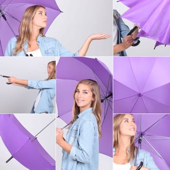 Collage of pretty girl with purple umbrella