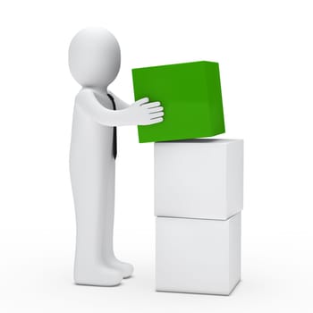 3d man with tie hold green cube