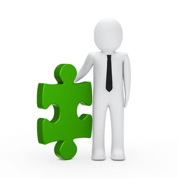 3d business man hold a puzzle green