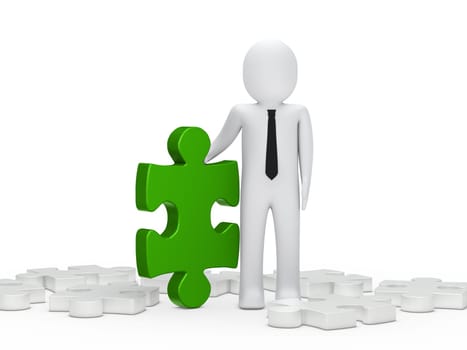 3d business man hold a puzzle green