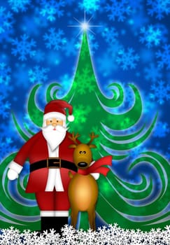 Santa Claus and Reindeer in Winter Snow Scene with Christmas Tree and Snowflakes Illustration