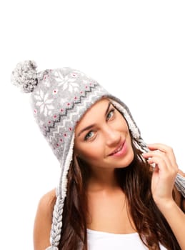 Beautiful smiling woman wearing winter hat on white background