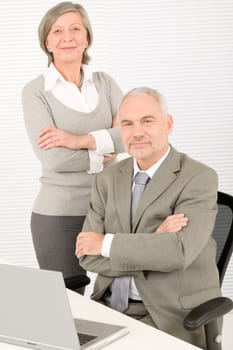 Professional businesspeople behind office table with laptop
