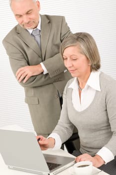Professional businesspeople behind office table with laptop