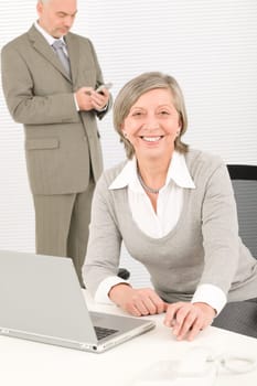 Professional businesspeople behind office table with laptop