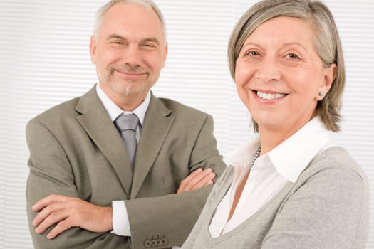 Professional elegant smiling senior businesspeople standing with cross arms