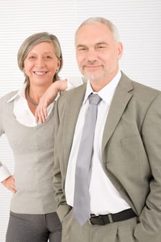 Professional elegant smiling senior businesswoman leaning against her male colleague