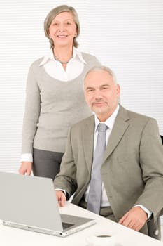 Professional businesspeople behind office table with laptop