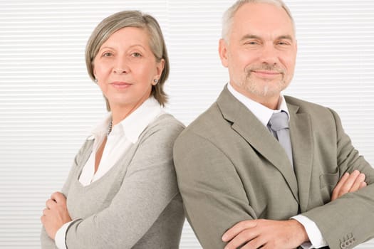 Professional elegant serious senior businesspeople standing with cross arms