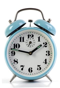 Senior blue alarm clock as symbolism of time,isolated with white background