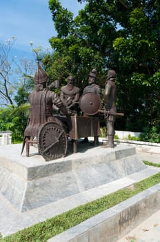 Blood Compact statue in Tagbilaran City, Bohol, the Philippines, commemorating the peace pact between Datu Sikatuna and Miguel López de Legazpi in 1565.