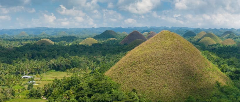 panoramic view over the famous chocolate hills on Bohol, Philippines. They are also featured in the provincial flag