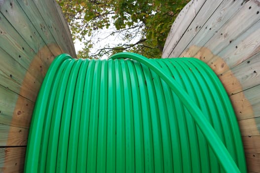 cable drum with green fiber glass cable