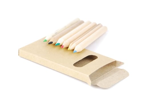 colour pencils and pencil case isolated on white background