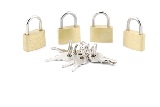 golden closed padlocks with keys isolated on white background