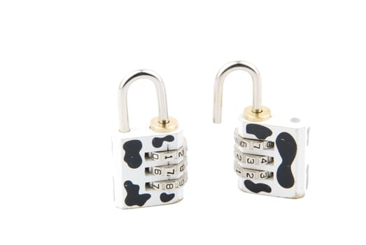 cow pattern combination padlock (closed and open) isolated on white background