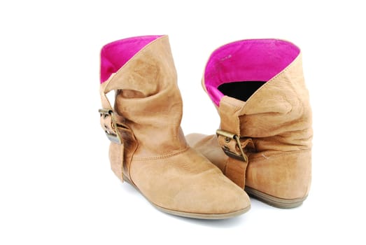 women trendy brown leather boots isolated on white background