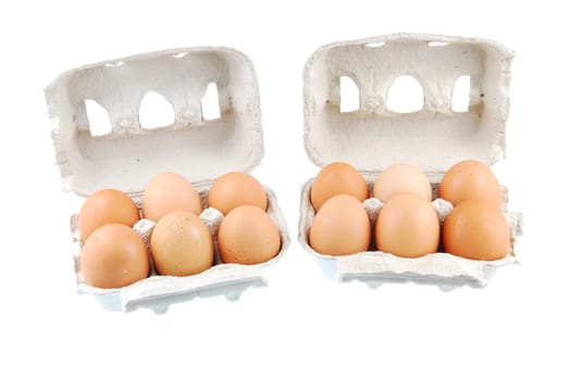 two dozen fresh eggs in a recycled box (isolated on white background)