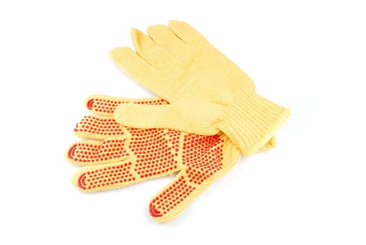 yellow and red cotton gardening gloves isolated on white background
