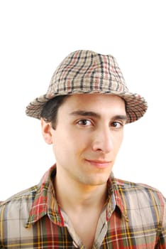 handsome young farmer from the countryside with checked hat (over white background)