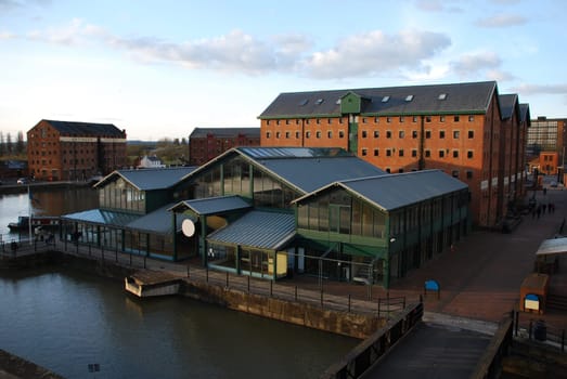 beautiful Gloucester docks with typical warehouse buildings (sunset picture)