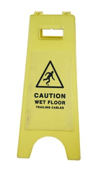 yellow caution sign regarding slippery surface isolated on white background