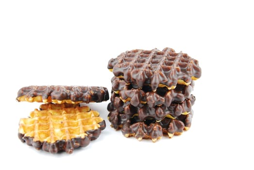 chocolate belgian waffles stacked isolated on white background