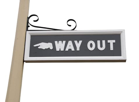 vintage way out sign on wooden post (isolated on white background)