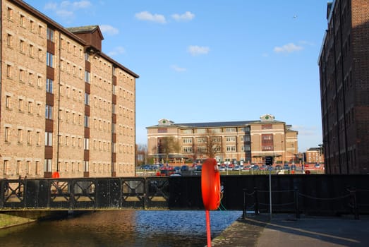 beautiful Gloucester docks with typical warehouse buildings
