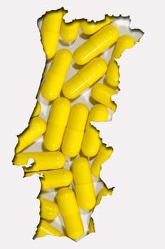 Outlined map of Portugal with transparent background of pills